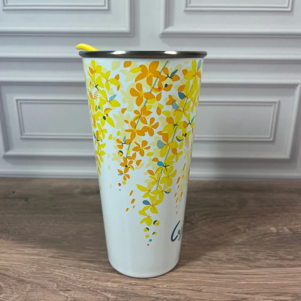Starbucks Tumbler Thailand Cassia Fistula 16oz White Yellow Floral Stainless Mug - Picture 4 of 11
